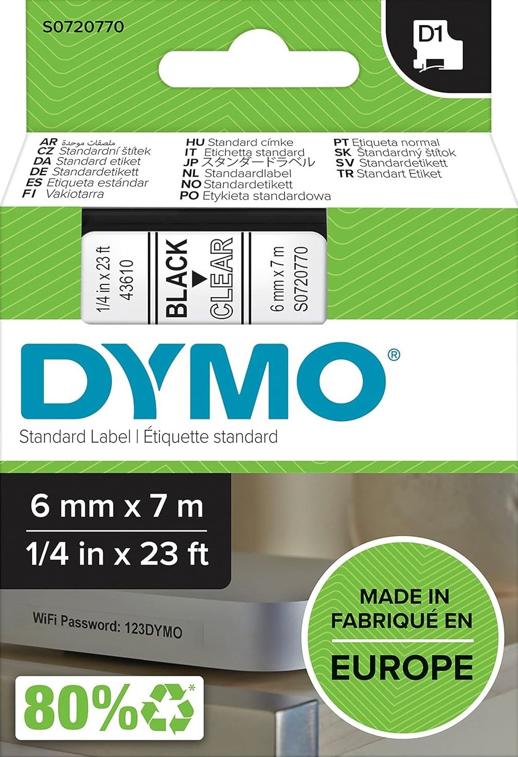 TechWarehouse S0720770 Dymo D1 6mm x 7m Black on Clear (43610) Dymo