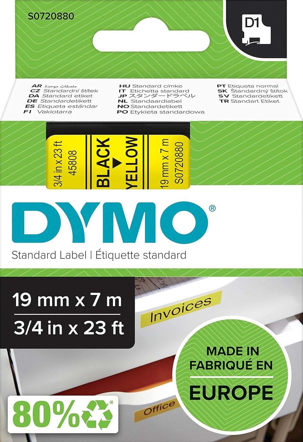 TechWarehouse S0720880 Dymo D1 19mm x 7m Black on Yellow (45808) Dymo