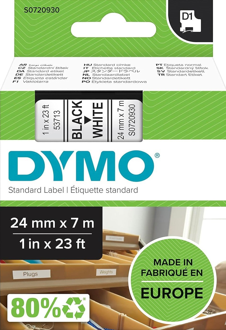 TechWarehouse S0720930 Dymo D1 24mm x 7m Black on White (53713) Dymo