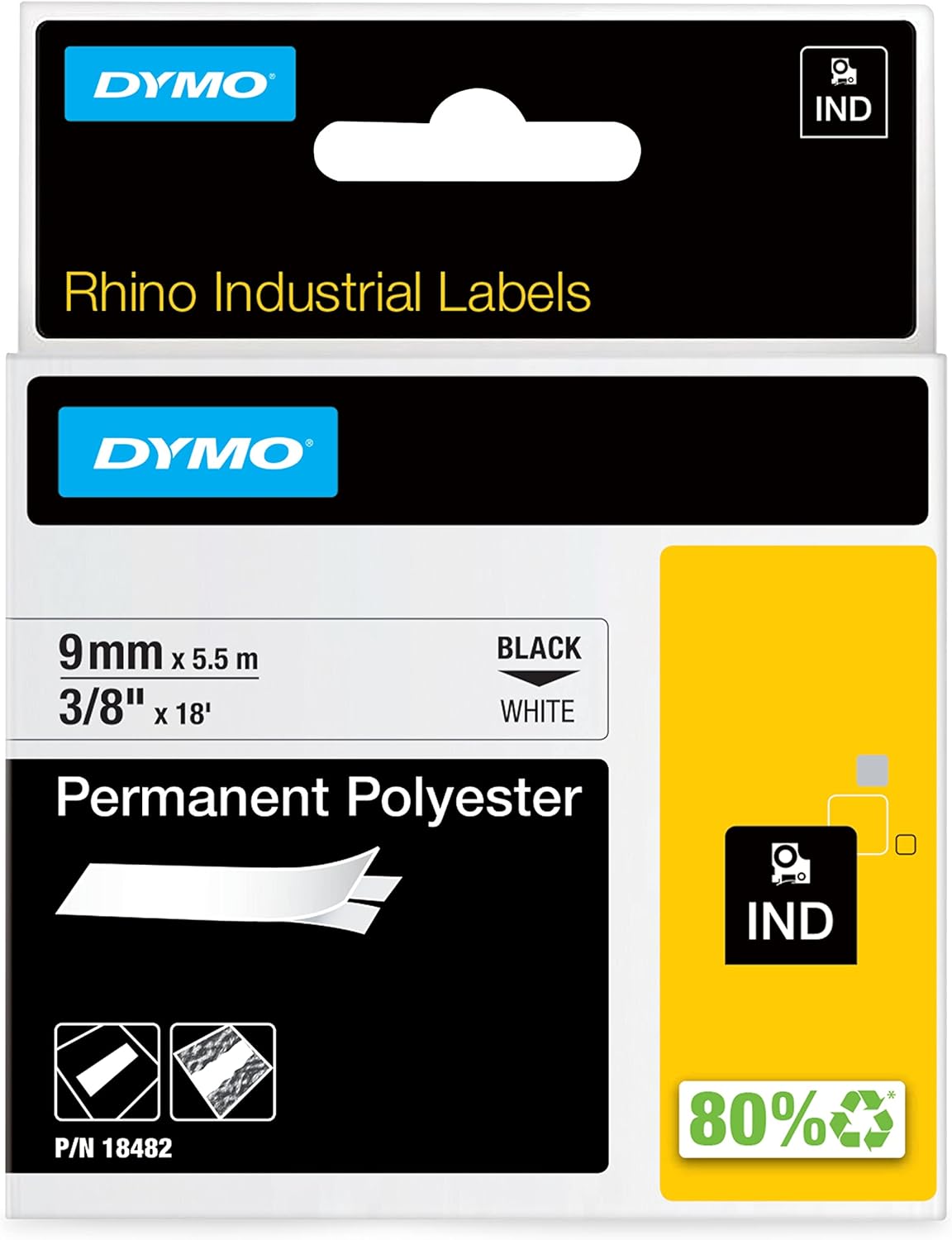 TechWarehouse 18482 Dymo Rhino Perm Polyester 9mm x 5.5m Black on White Adhesive Tape Dymo