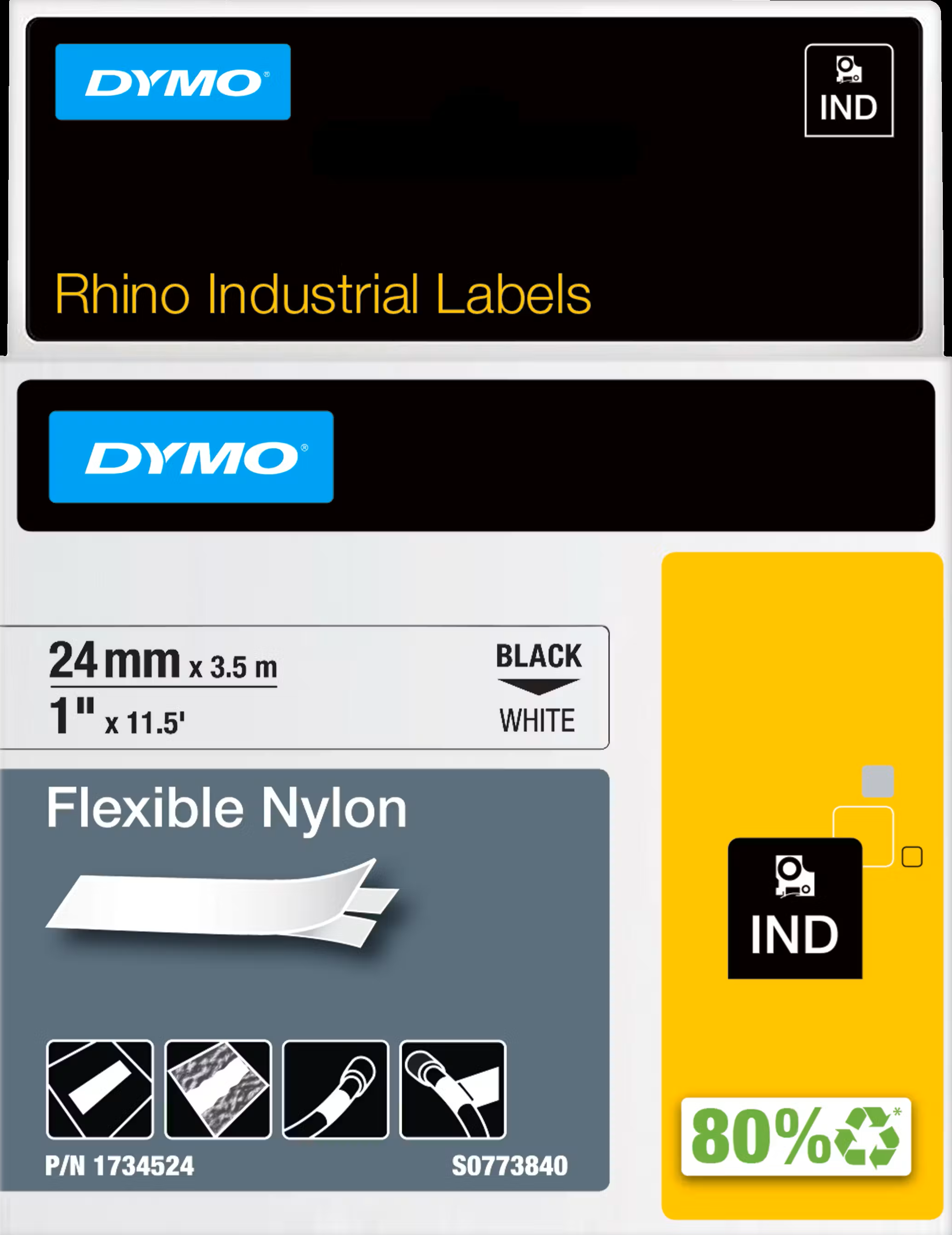 TechWarehouse 1734524 Dymo Rhino Flexible Nylon 24mm x 3.5m Black on White Adhesive Tape Dymo