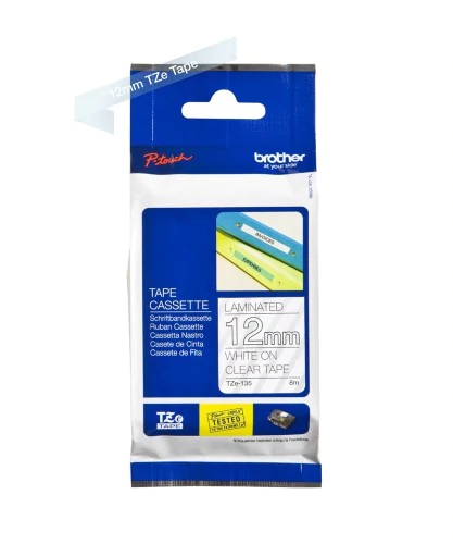 TechWarehouse TZe-135 Brother 12mm x 8m White on Clear Adhesive Laminated Tape Brother