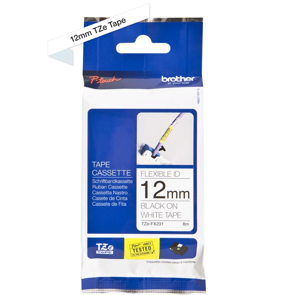 TechWarehouse TZe-FX231 Brother 12mm x 8m Black on White Flexible ID Tape Brother