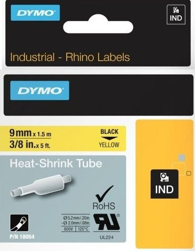 TechWarehouse 18054 Dymo Rhino Heat-Shrink 9mm x 1.5m Black on Yellow Dymo
