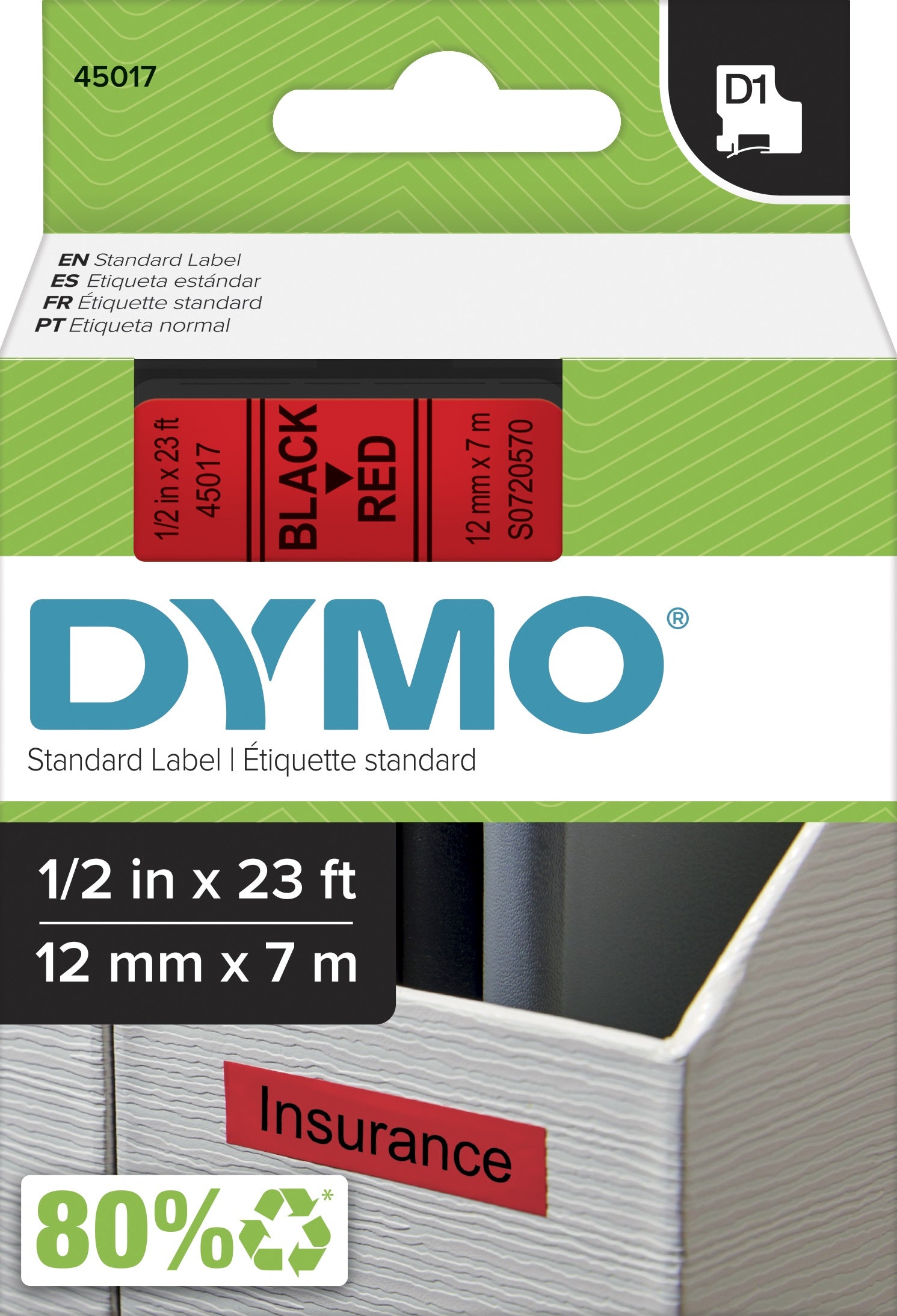 TechWarehouse S0720570 Dymo D1 12mm x 7m Label Tape Black on Red (45017) Dymo