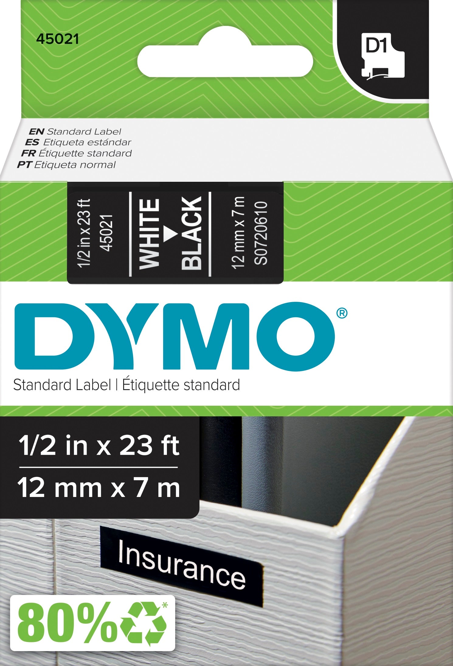 TechWarehouse S0720610 Dymo D1 12mm x 7m Label Tape White on Black (45021) Dymo