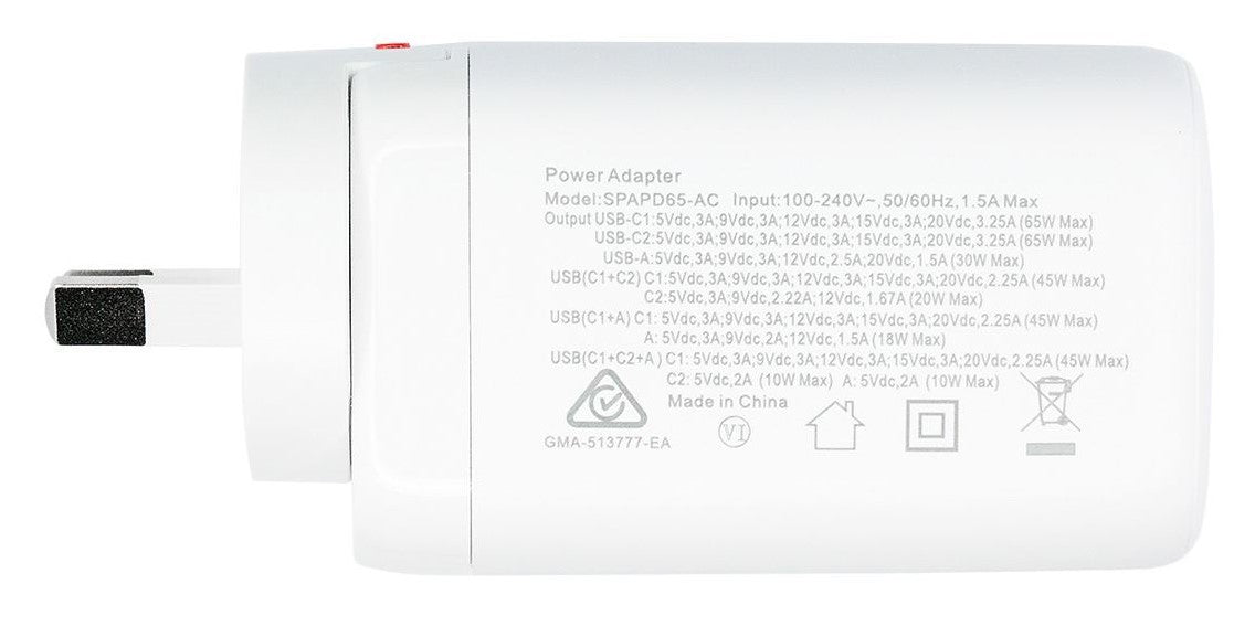 TechWarehouse DYNAMIX 65W Dual USB-C + USB-A Wall Charger Dynamix