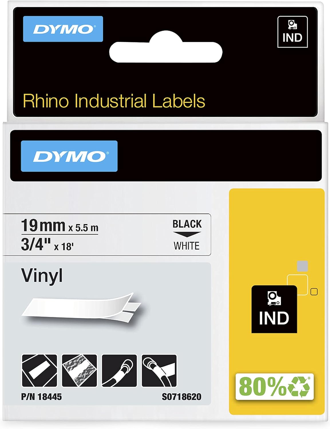 TechWarehouse 18445 Dymo Rhino Vinyl 19mm x 5.5m Black on White Adhesive Tape Dymo