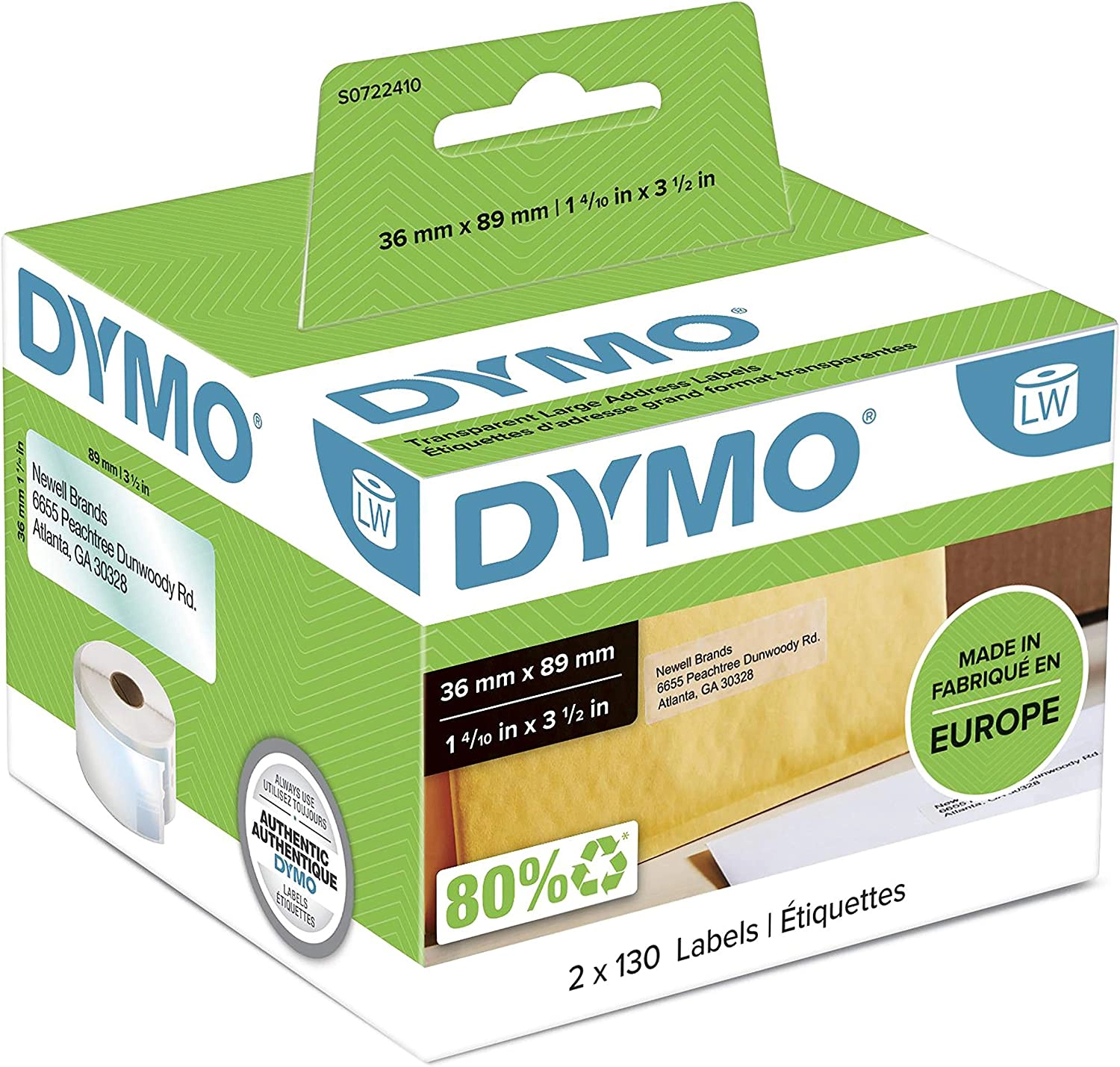 TechWarehouse S0722410 Dymo LW 36mm x 89mm Transparent Plastic Roll (99013) Dymo