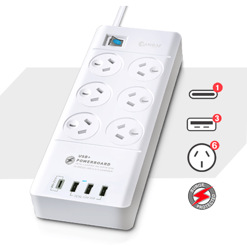 TechWarehouse Sansai 6 Way Surge Powerboard with 3x USB & 1x USB-C Sansai