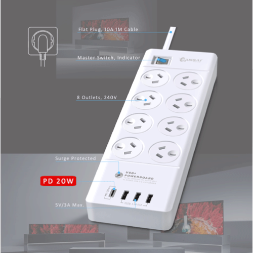 TechWarehouse Sansai 8 Way Surge Powerboard w/4 USB Ports Sansai