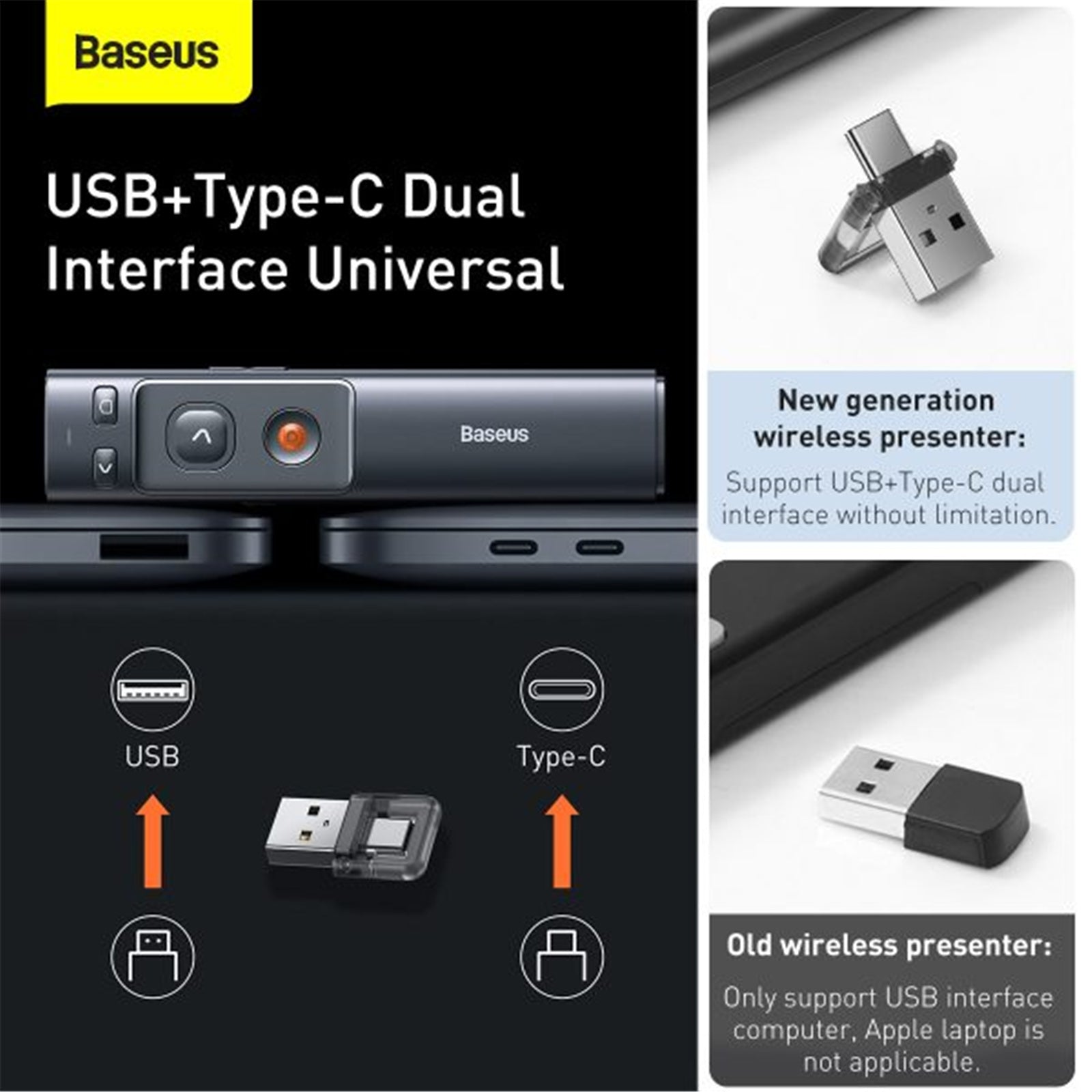 Baseus Orange Dot Wireless Presenter Rechargeable (Red Laser) Grey