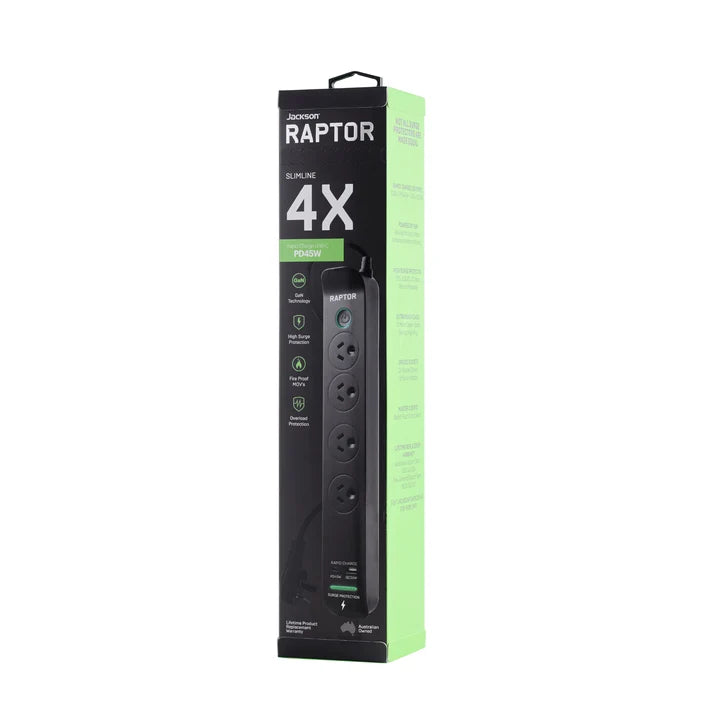 TechWarehouse Raptor 4 Outlets Slimline Powerboard, 45W USB Jackson