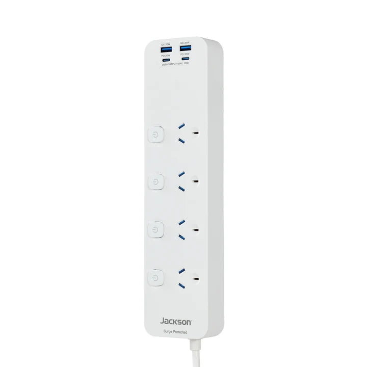 Jackson 4 Individual Switched Outlets Powerboard, 20W USB-A + USB-C