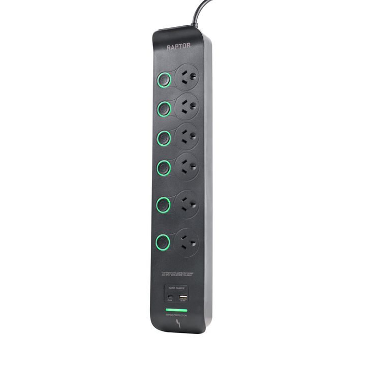 Raptor 6 Individually Switched Outlets Powerboard, 45W USB