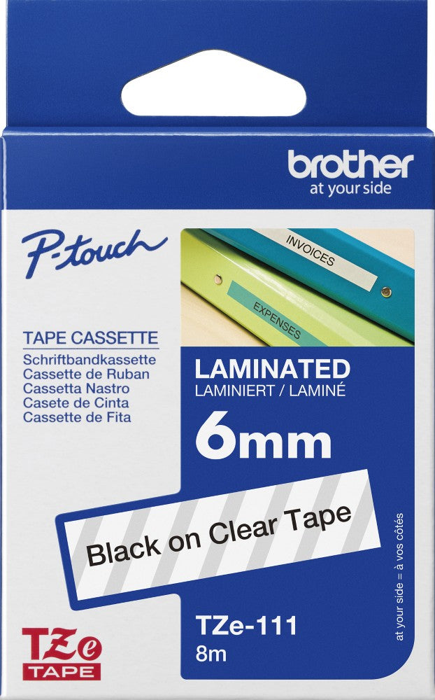 TechWarehouse TZe-111 Brother 6mm x 8m Black on Clear Adhesive Laminated Tape Brother
