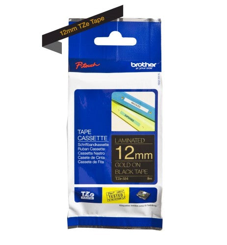 TZe-334 Brother 12mm x 8m Gold on Black Adhesive Laminated Tape