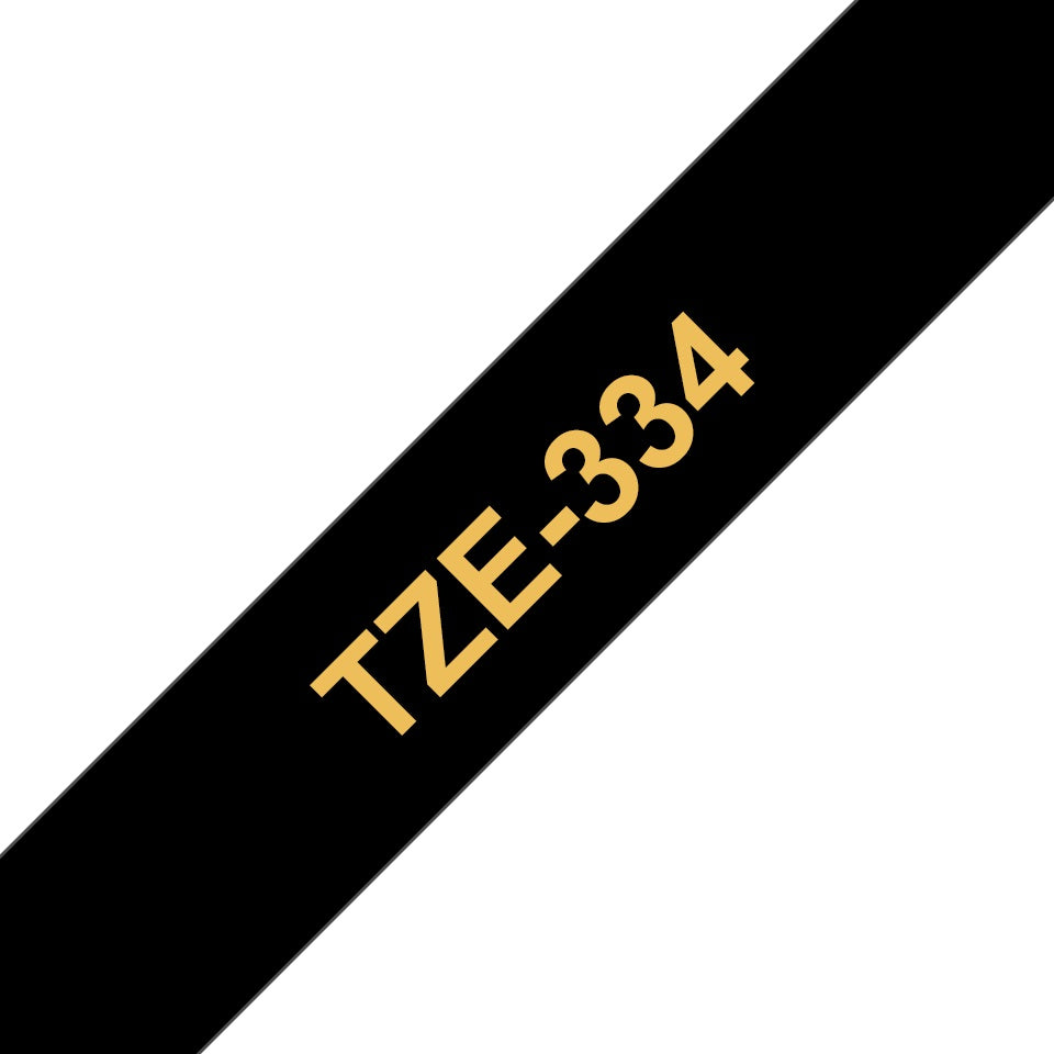 TechWarehouse TZe-334 Brother 12mm x 8m Gold on Black Adhesive Laminated Tape Brother