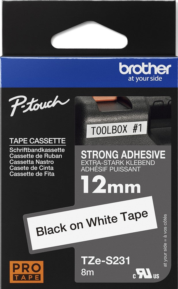 TZe-S231 Brother 12mm x 8m Black on White Strong Adhesive Laminated Tape