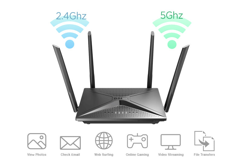 D-Link AC2100 Wi-Fi Gigabit Router image displaying connection between 2.4Ghz & 5Ghz Devices at the same time Dual Band
