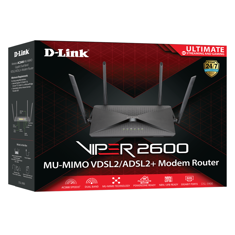 D-Link VIPER 2600 Dual-Band MU-MIMO Gigabit Modem Router Box Packaging