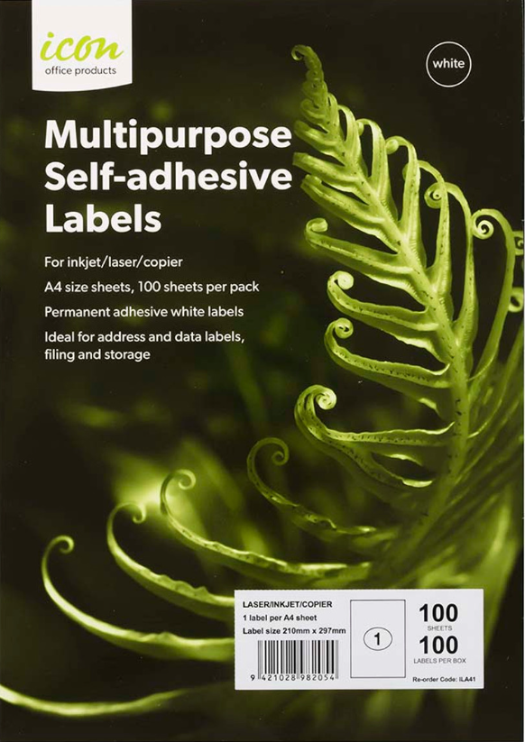 Icon A4 Laser/Inkjet Labels - 01 Label per sheet (100 sheets)