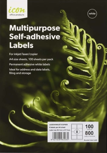 Icon A4 Laser/Inkjet Labels - 08 Labels per sheet (100 sheets)