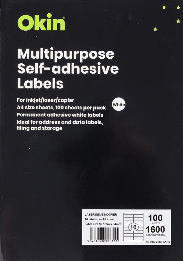 TechWarehouse Okin Labels - 16 Labels per sheet (100 sheets) Okin
