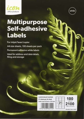 Icon Laser/Inkjet Labels - 21 Labels per sheet (100 sheets)