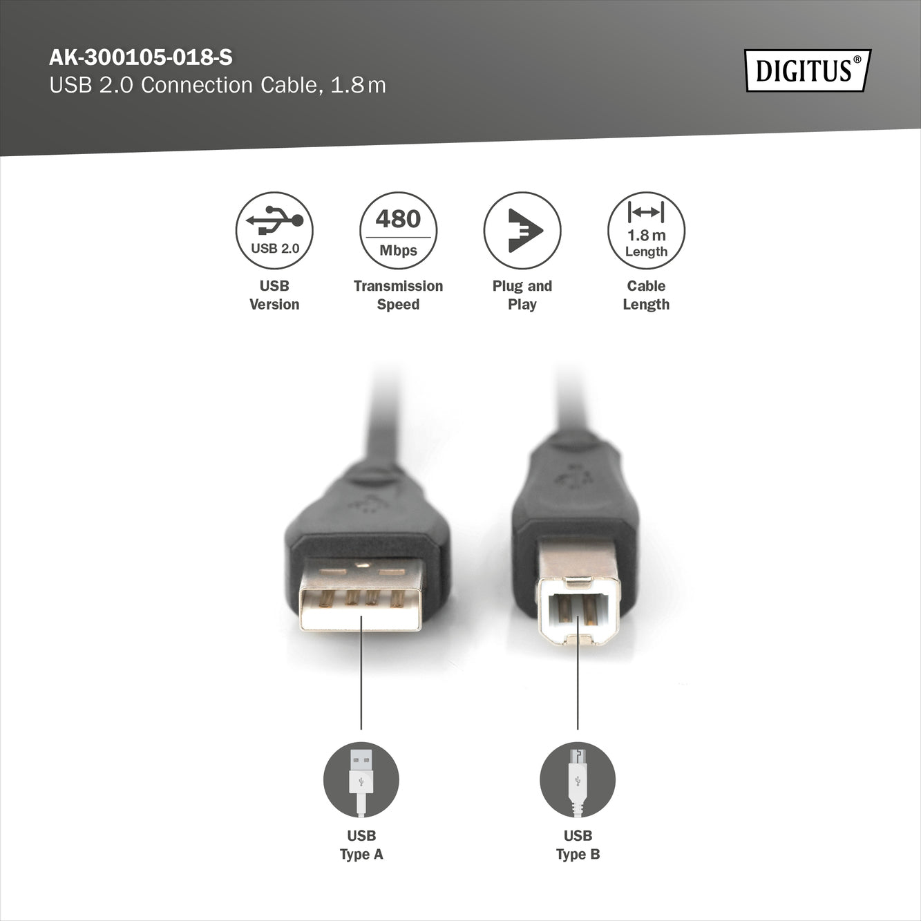 TechWarehouse USB 2.0 Type A (M) to USB Type B (M) 1.8m Cable Digitus
