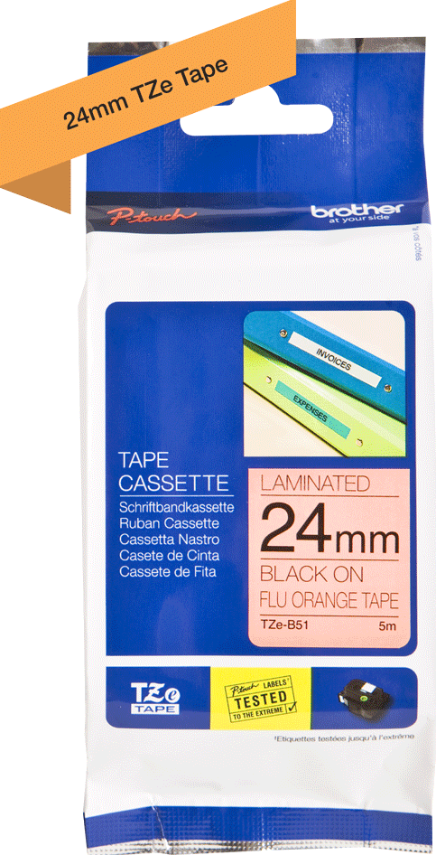 TZe-B51 Brother 24mm x 5m Black on Fluorescent Orange Adhesive Laminat