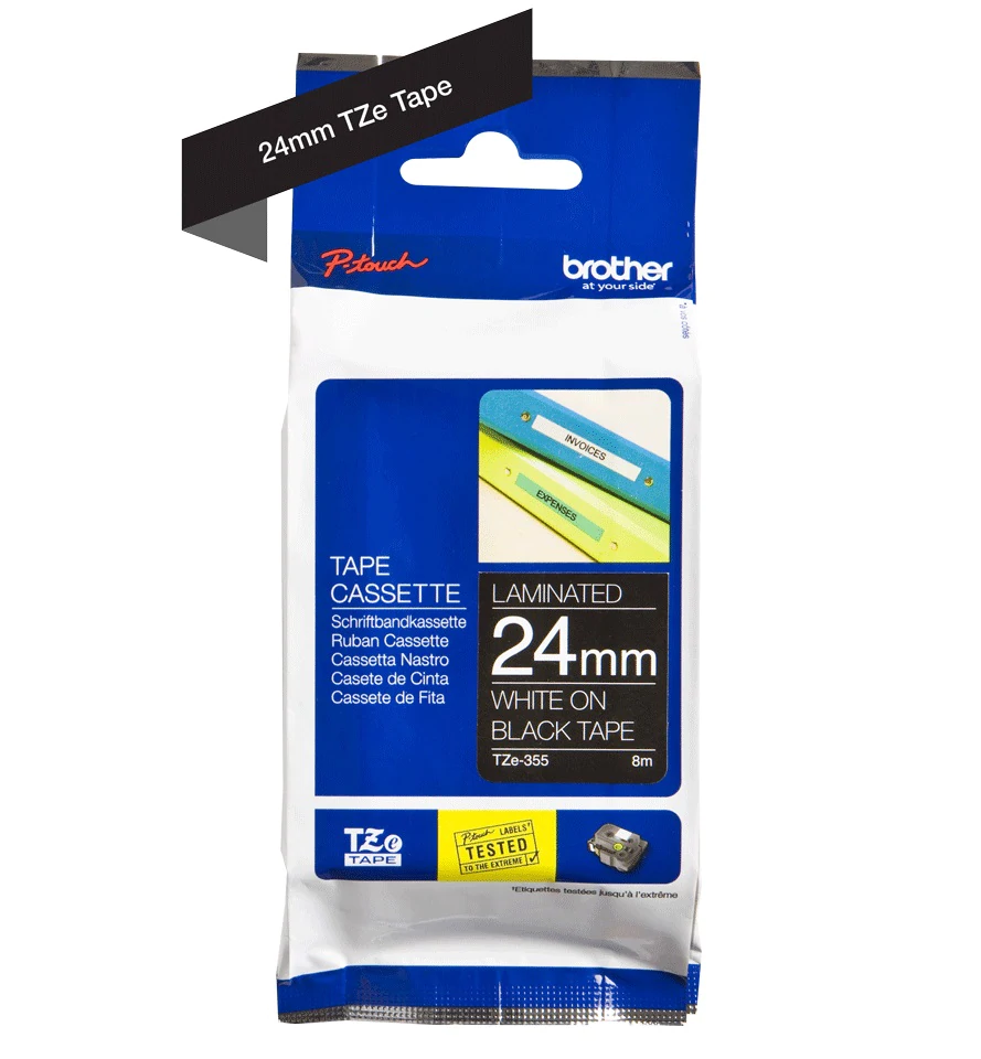TechWarehouse TZe-355 Brother 24mm x 8m White on Black Adhesive Laminated Tape Brother
