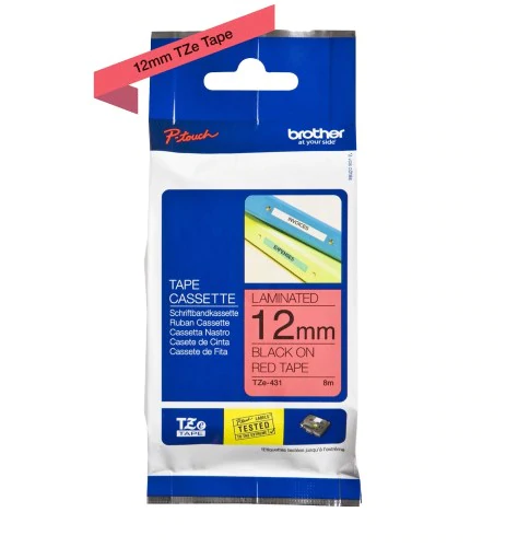 TechWarehouse TZe-431 Brother 12mm x 8m Black on Red Adhesive Laminated Tape Brother