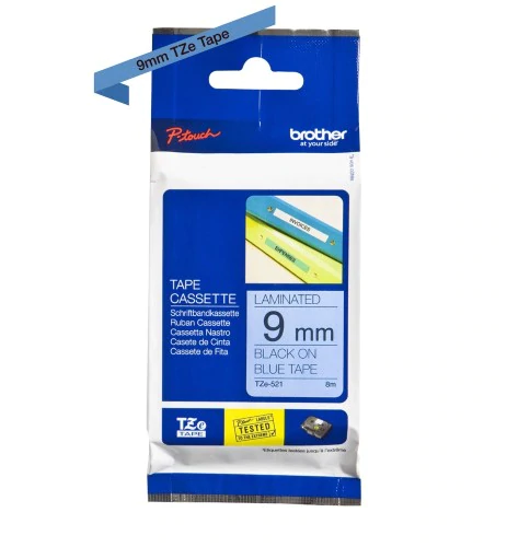 TechWarehouse TZe-521 Brother 9mm x 8m Black on Blue Adhesive Laminated Tape Brother