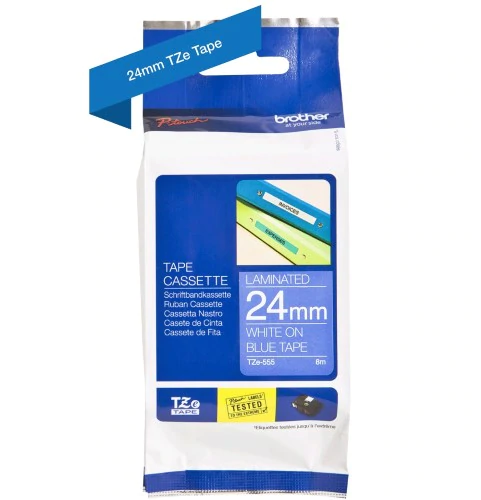 TechWarehouse TZe-555 Brother 24mm x 8m White on Blue Adhesive Laminated Tape Brother