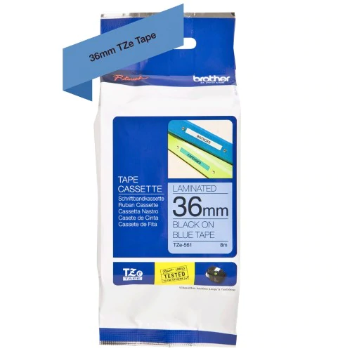 TZe-561 Brother 36mm x 8m Black on Blue Adhesive Laminated Tape