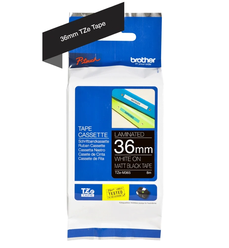 TechWarehouse TZe-M365 Brother 36mm x 8m White on Black Matt Adhesive Lamianted Tape Brother