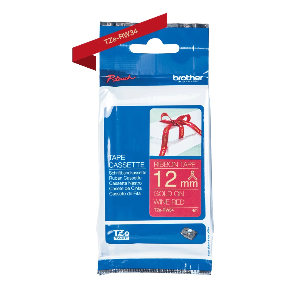 TechWarehouse TZe-RW34 Brother 12mm x 4m Gold on Wine Red Ribbon Brother
