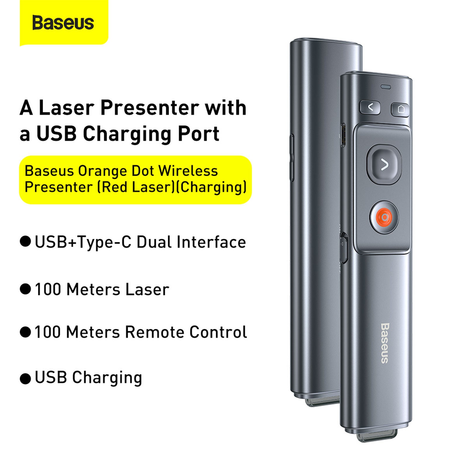 Baseus Orange Dot Wireless Presenter Rechargeable (Red Laser) Grey