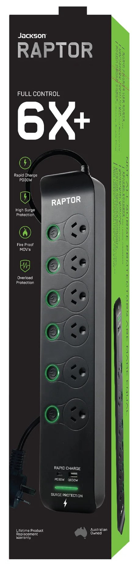 TechWarehouse Jackson 6 Way Raptor Surge Powerboard with Individual Switches Jackson