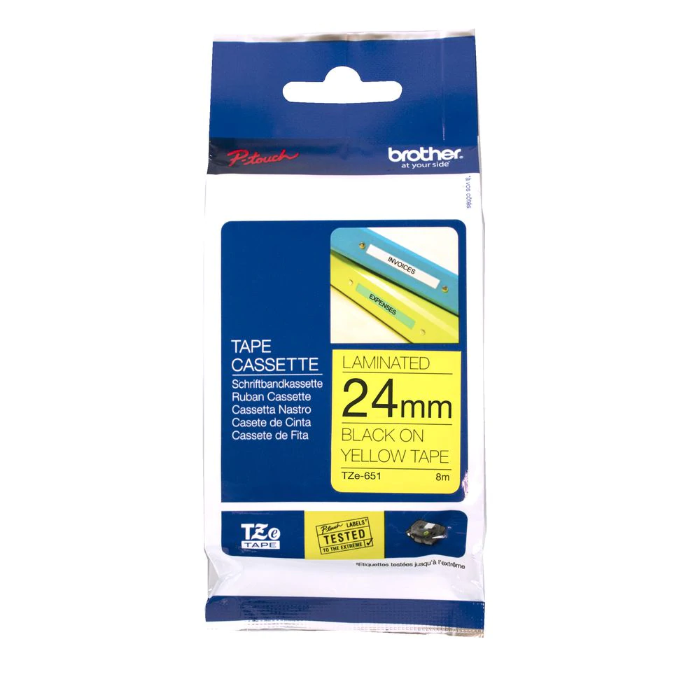 TZe-651 Brother 24mm x 8m Black on Yellow Adhesive Laminated Tape