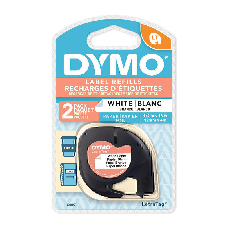 10697 Dymo LetraTag 12mm Paper Labelling Tape White 2 pack