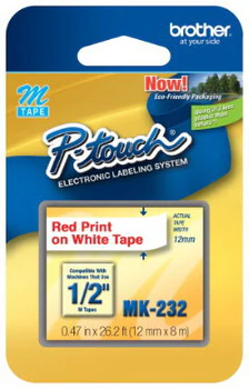 MK232 Brother P-Touch 12mm Tape Red on White