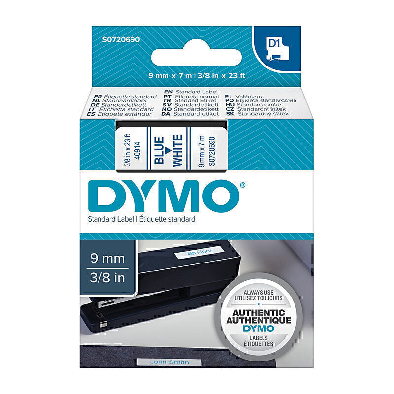 S0720690 Dymo D1 9mm x 7m Tape Blue on White