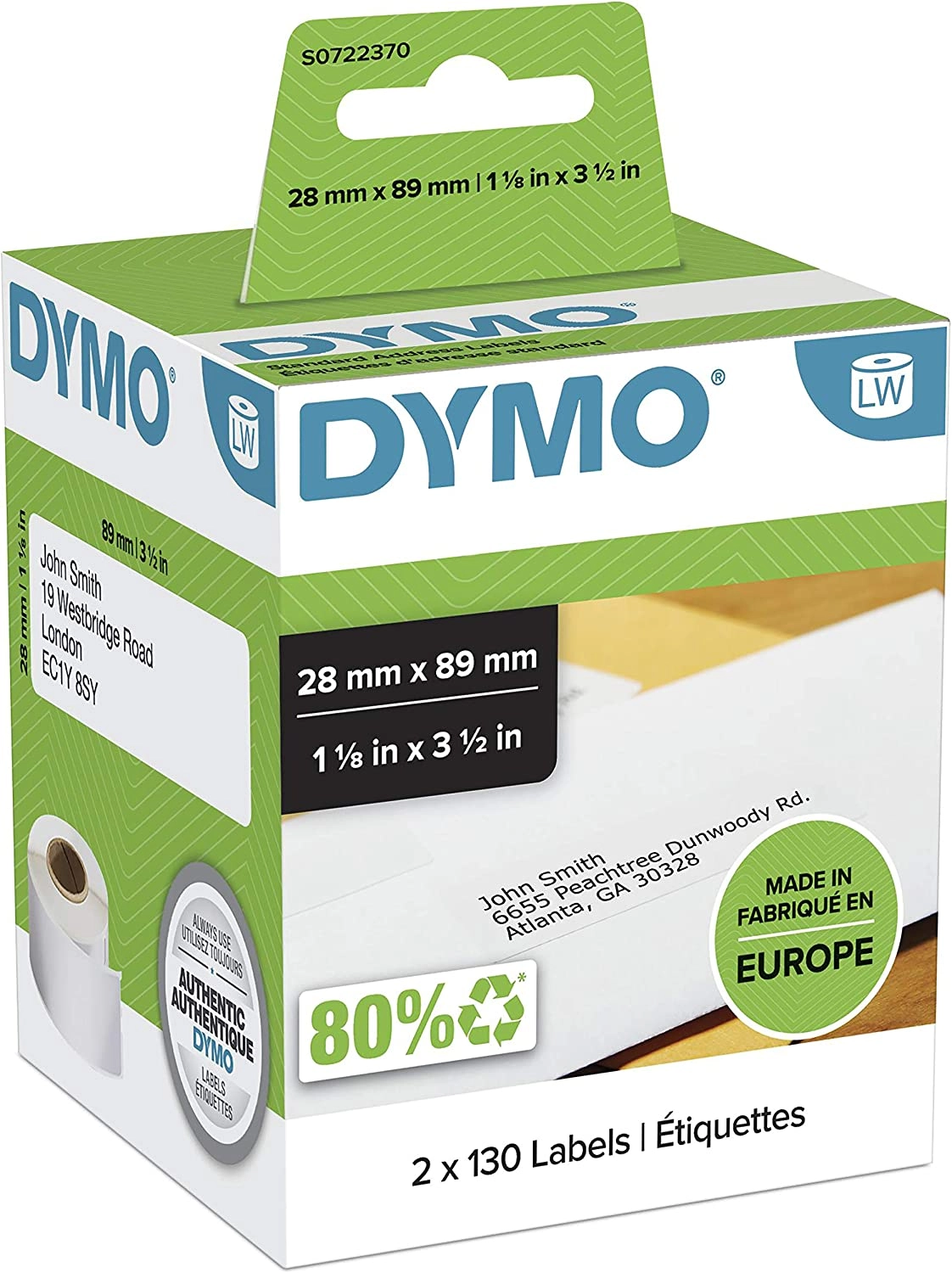S0722370 Dymo LW 28mm x 89mm 130 Roll - 2 Pack (99010)