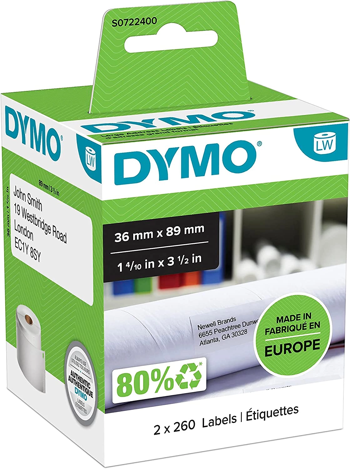 S0722400 Dymo LW 36mm x 89mm 130 Roll - 2 Pack (99012)