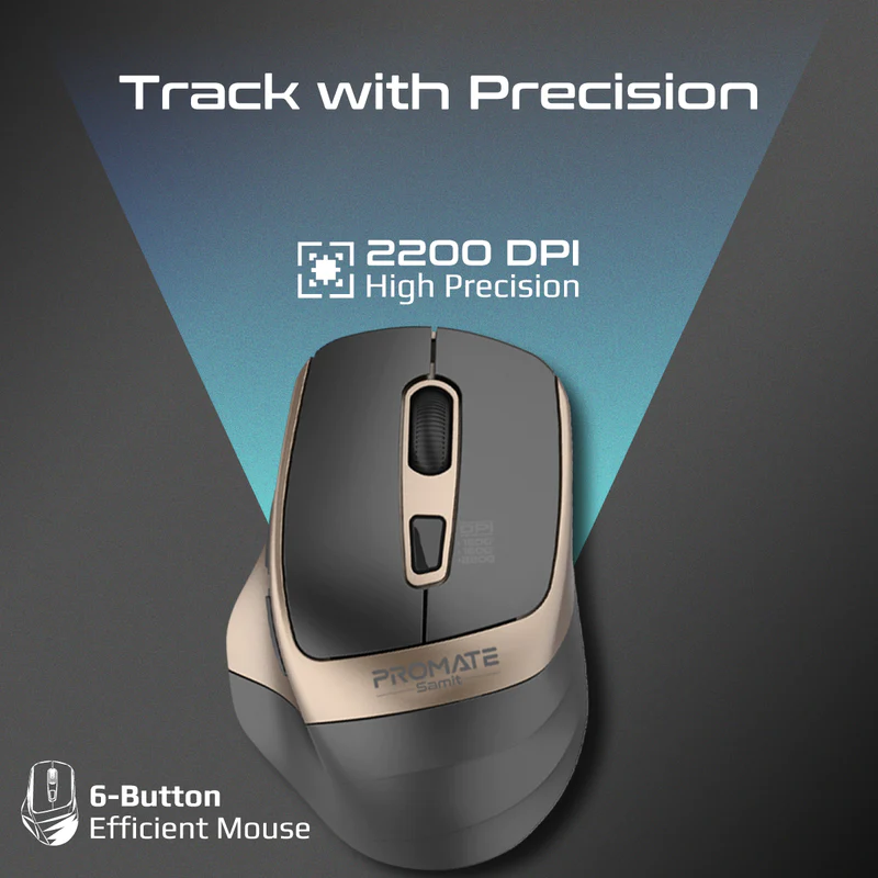 Promate Gold Ergonomic Silent Click Wireless Mouse